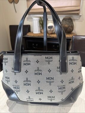 MGM Beige Canvas and Black Leather Messenger Tote